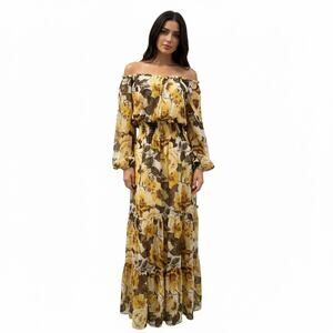 Kate and Lily Floral Yellow Brown Maxi Dress Off Shoulder Long Sheer Sleeves 8